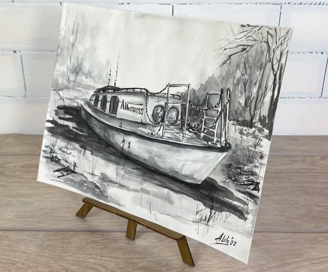 原画#3013　マルタ共和国　地中海　船　水彩画　ドローイング　インテリア　絵画 海外スケッチ（マルタ） – 日本画家 棚町宜弘