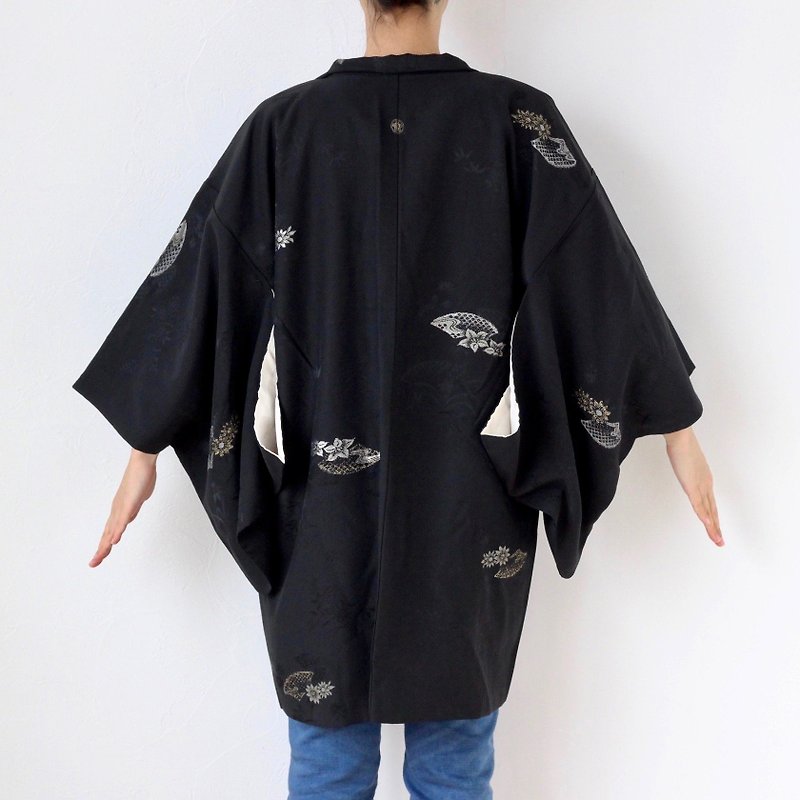 glitter floral haori, black kimono, authentic kimono, haori jacket /3663 - เสื้อแจ็คเก็ต - ผ้าไหม สีดำ