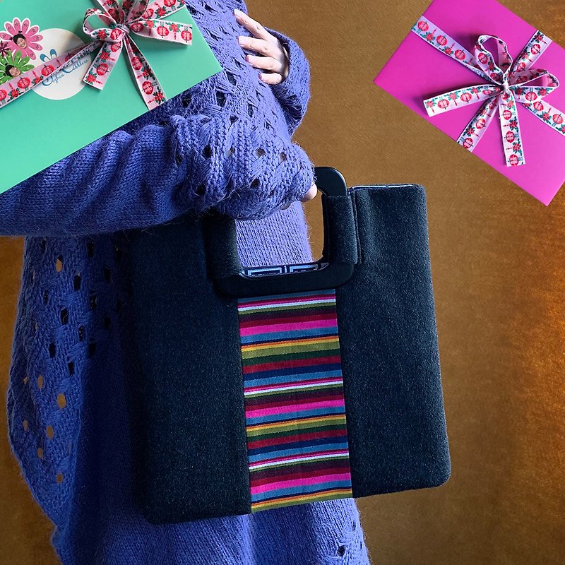 Wool square handle bag/ handbag/ tibetan/ craft/ winter purse/ tibetan stripes - Handbags & Totes - Wool Black
