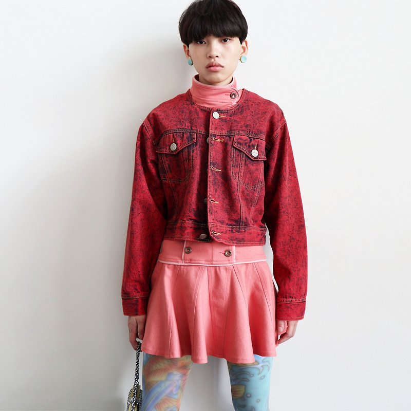 Pumpkin Vintage. Vintage round neck denim jacket - เสื้อแจ็คเก็ต - ผ้าฝ้าย/ผ้าลินิน สีแดง