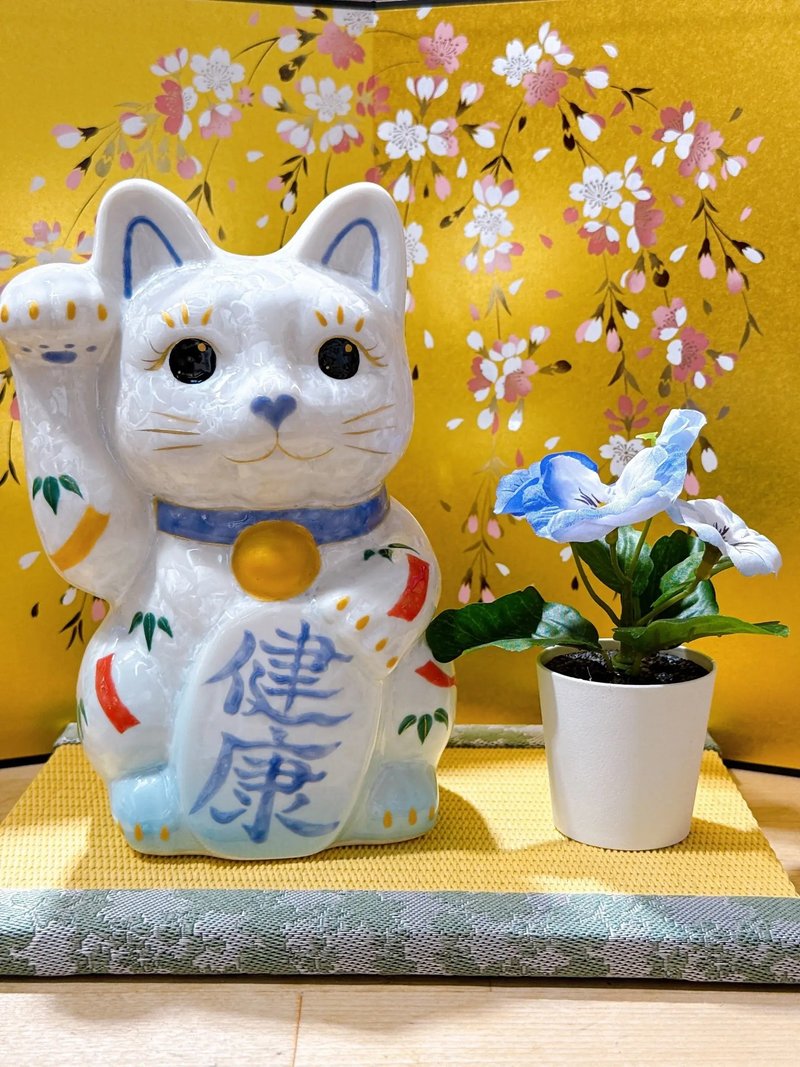 【瑞白安康】日本清水燒招財貓 | 花結晶水白 - 健康 特大 右 - 擺飾/家飾品 - 瓷 白色