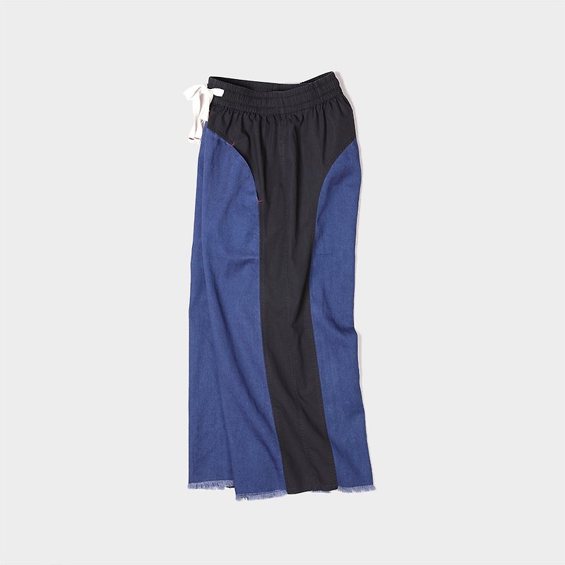 Tencel cotton arc stitching hit color straight eight points wide leg pants - กางเกงขายาว - ผ้าฝ้าย/ผ้าลินิน สีน้ำเงิน