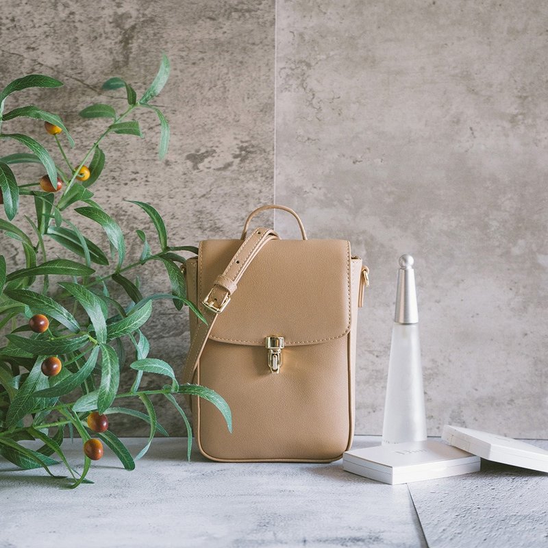 Real and cute mobile phone bag 22274 Milk Tea N - Messenger Bags & Sling Bags - Genuine Leather Khaki