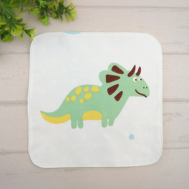 Childlike big dinosaur. Double-sided cotton handkerchief (additional 40 embroidery name) - ผ้ากันเปื้อน - ผ้าฝ้าย/ผ้าลินิน สีน้ำเงิน