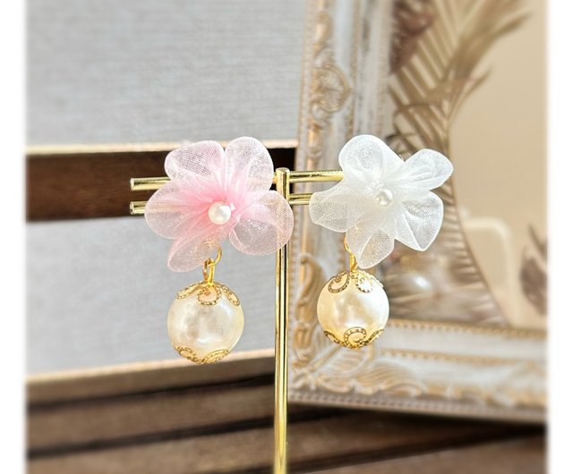 パール ピアス アシンメトリー シフォン フラワー - ショップ
