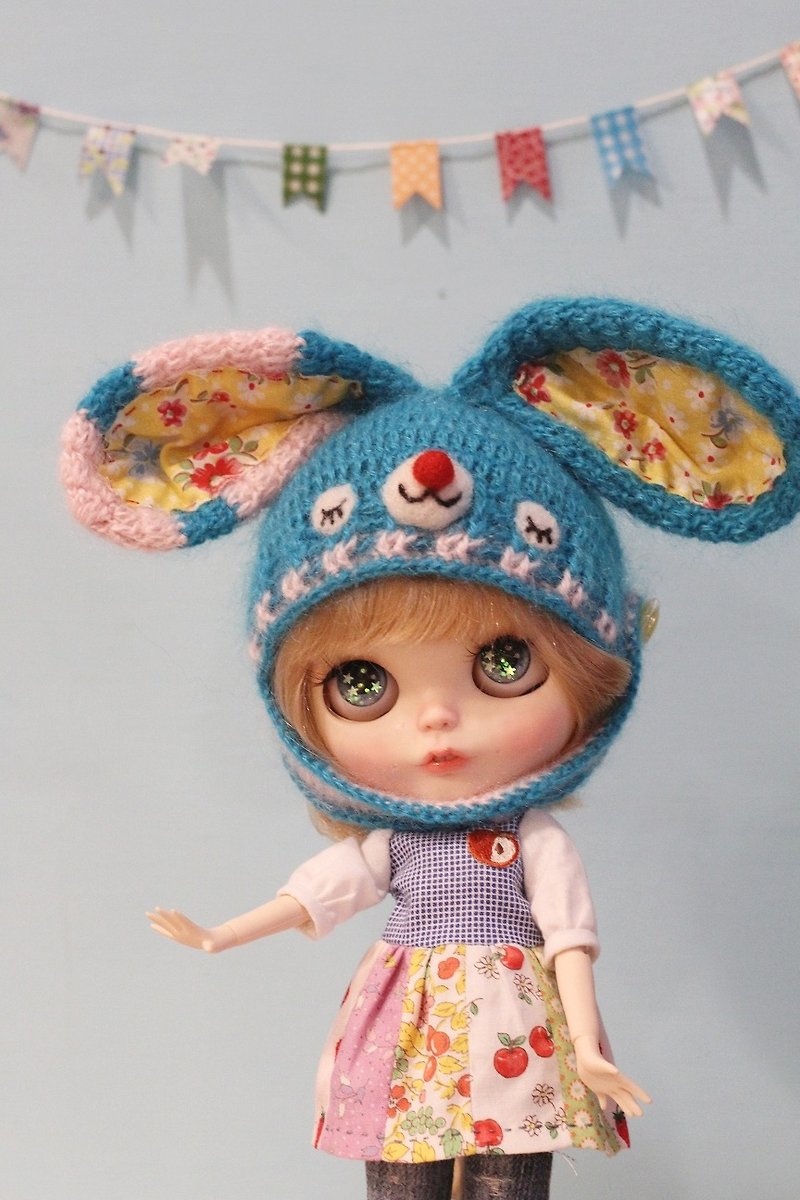Blythe大布尺寸手工編織mix布作藍色兔子帽 - 帽子 - 羊毛 藍色