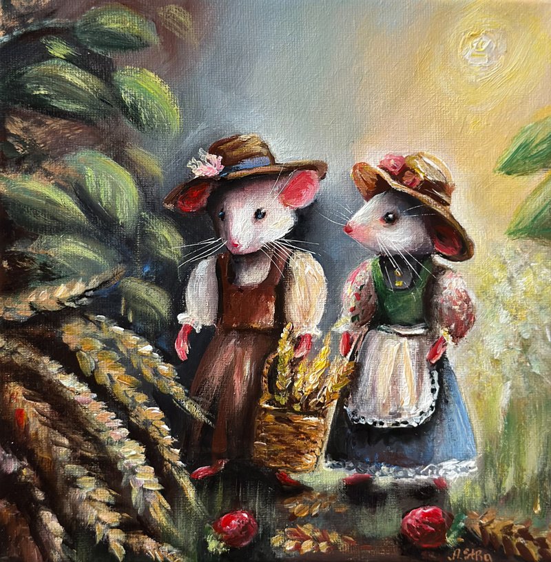 Mice canvas painting, Fairy art, Mouse wall art, Animal painting, Mouse decor - 壁貼/牆壁裝飾 - 棉．麻 多色