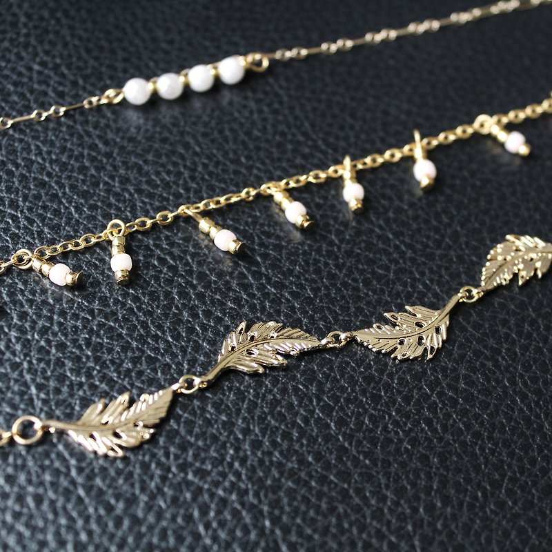 [日日Daily] Pearl leave and pink pearl necklace(three combination） - Necklaces - Other Metals Gold