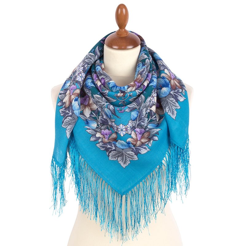 Authentic Pavlovo Posad Russian Shawl Scarf Soft 100% Wool 89x89 cm 1994-11 - 絲巾 - 羊毛 藍色