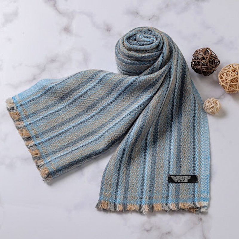 [Narrow Version] Cashmere Wool Scarf Classic Stripe Blue Diamond Pattern Neck Hand-woven - Knit Scarves & Wraps - Wool Blue