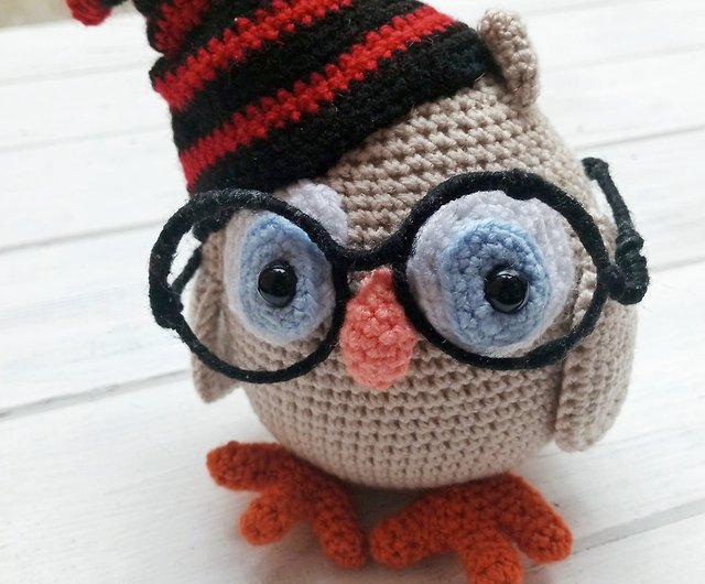 Hand Crochet Funny Owl With Glasses Stuffed Toys Animals Knit