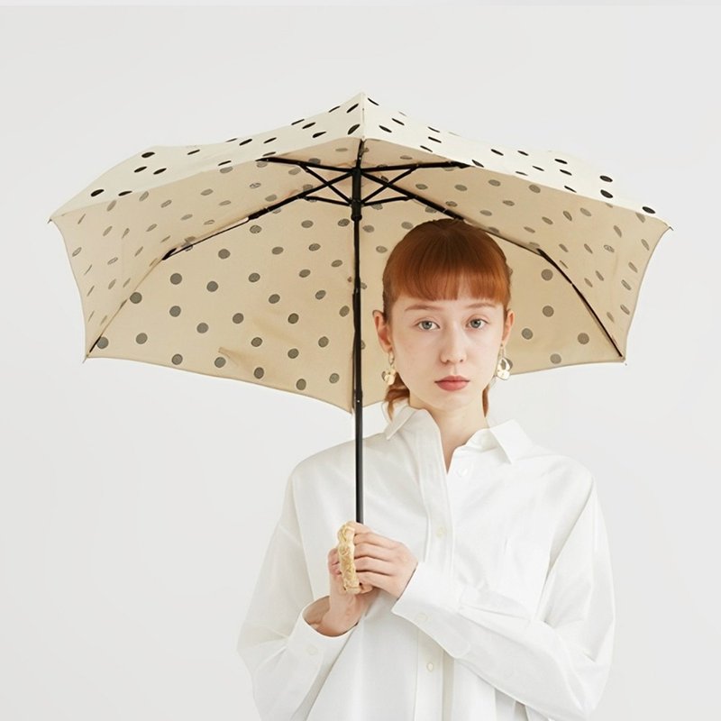 日本霜山 復古水玉點點6骨晴雨兩用竹柄摺疊傘(附收納提袋) - 雨傘/雨衣 - 聚酯纖維 白色