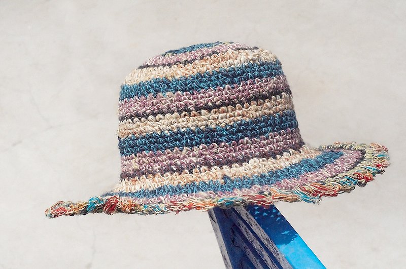 ผ้าฝ้าย/ผ้าลินิน หมวก หลากหลายสี - Valentine's Day hand-knit cotton / hat / fisherman hat / sun hat / straw hat / straw hat - blue and purple forest wind lace stripes