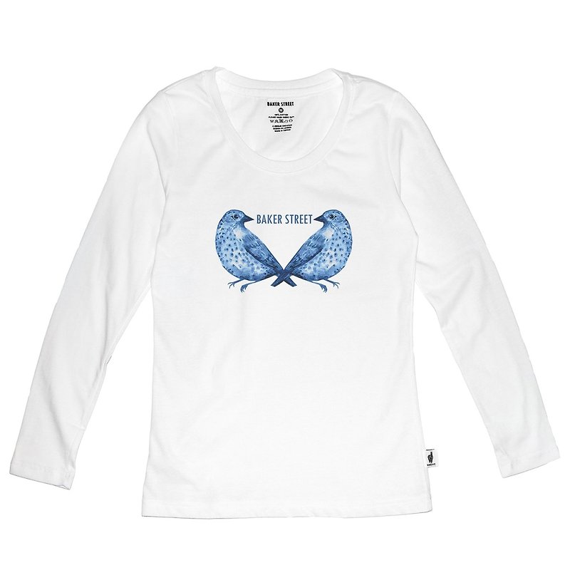 British Fashion Brand [Baker Street] Blue Birds Printed Long Sleeve - Women's Tops - Cotton & Hemp White