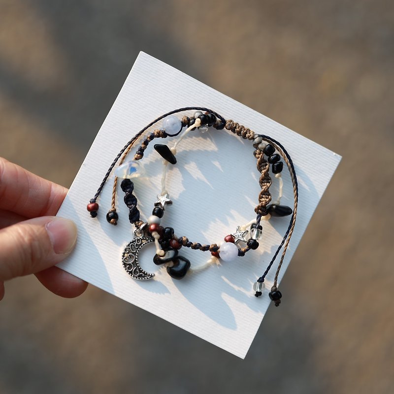 Moon charm natural stone woven waxed cord double layered bracelet - สร้อยข้อมือ - งานปัก หลากหลายสี