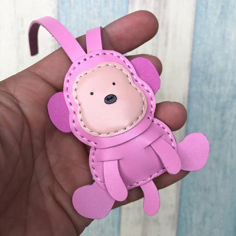 Healing Little Pink Cute Monkey Hand-sewn Leather Pendant Small Size - Charms - Genuine Leather Pink