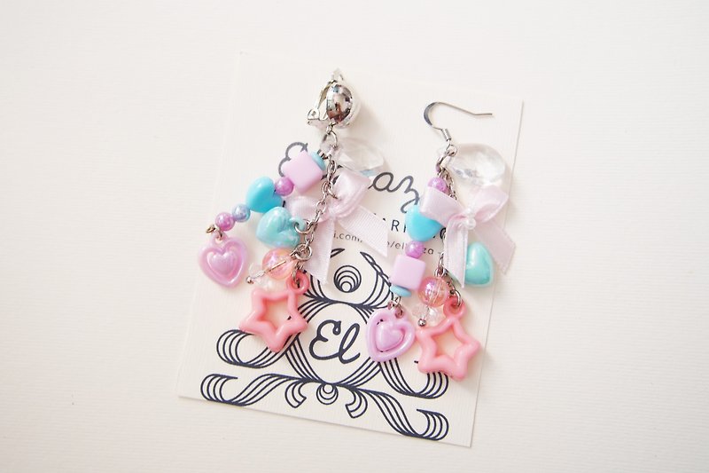 Pastel bead earrings with pink bows - 耳環/耳夾 - 其他材質 粉紅色