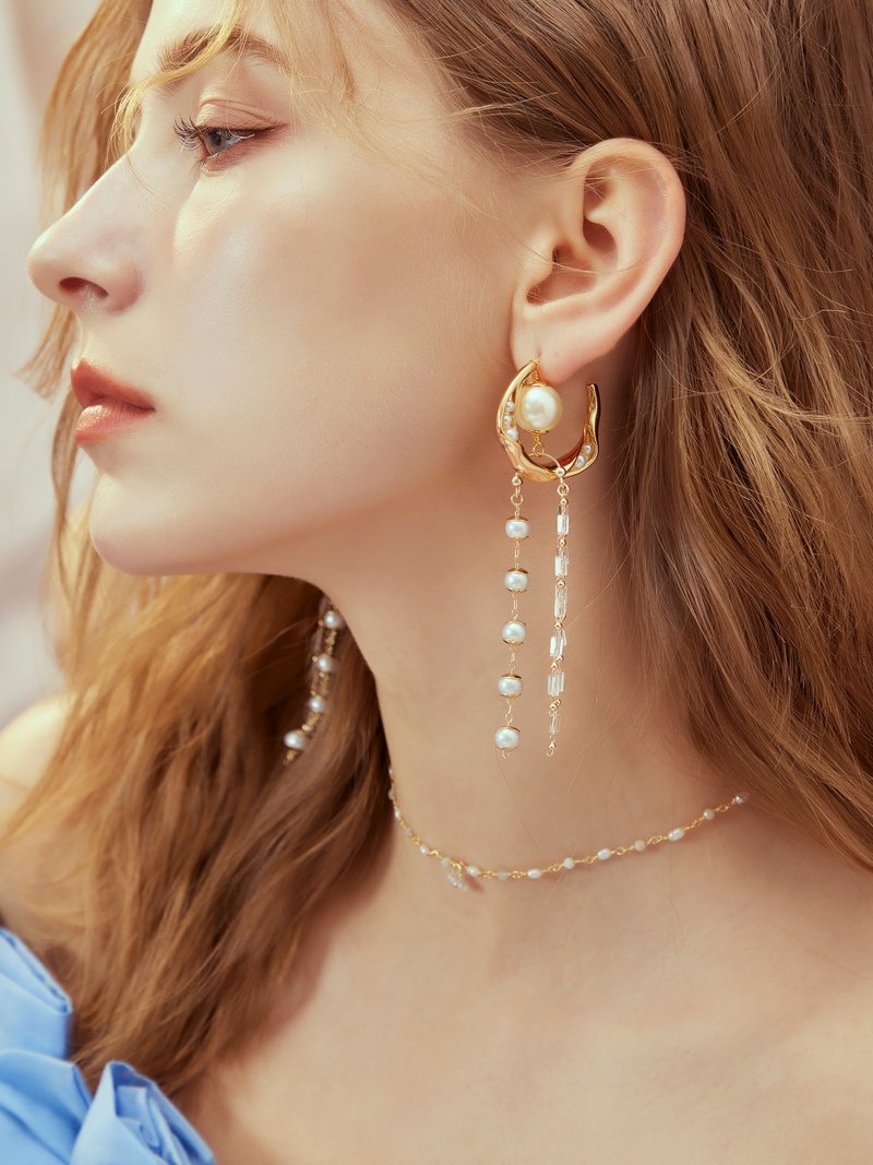 縮時記錄員。 MUCHAT手作14+18KGP扭結珍珠垂鍊C圈耳環 - 耳環/耳夾/耳骨夾 - 其他材質 金色