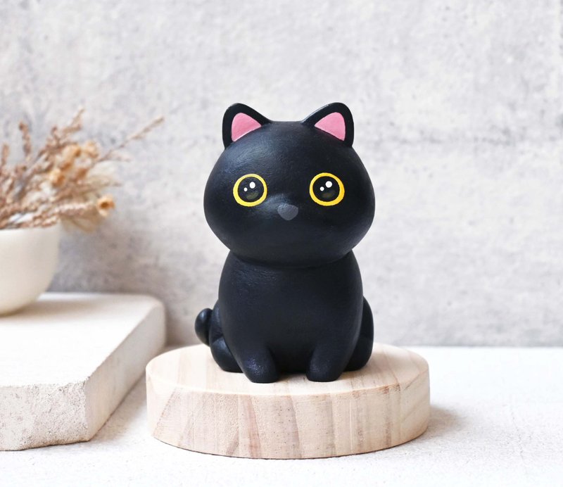 Cute Little Coal Little Black Cat Decoration Cute Cat Hand-carved Healing Small Wooden Carving Doll - ของวางตกแต่ง - ไม้ สีดำ