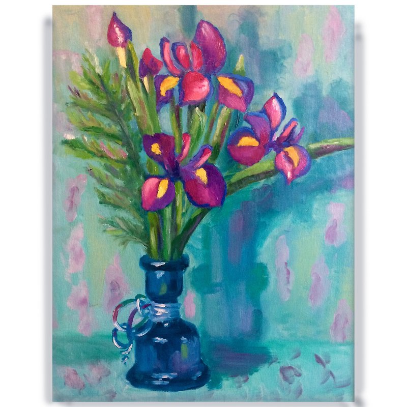 Irises flower painting / 油畫與花 / Floral Bouquet Oil Painting / 藝術品 / 家居裝飾 - โปสเตอร์ - ผ้าฝ้าย/ผ้าลินิน 