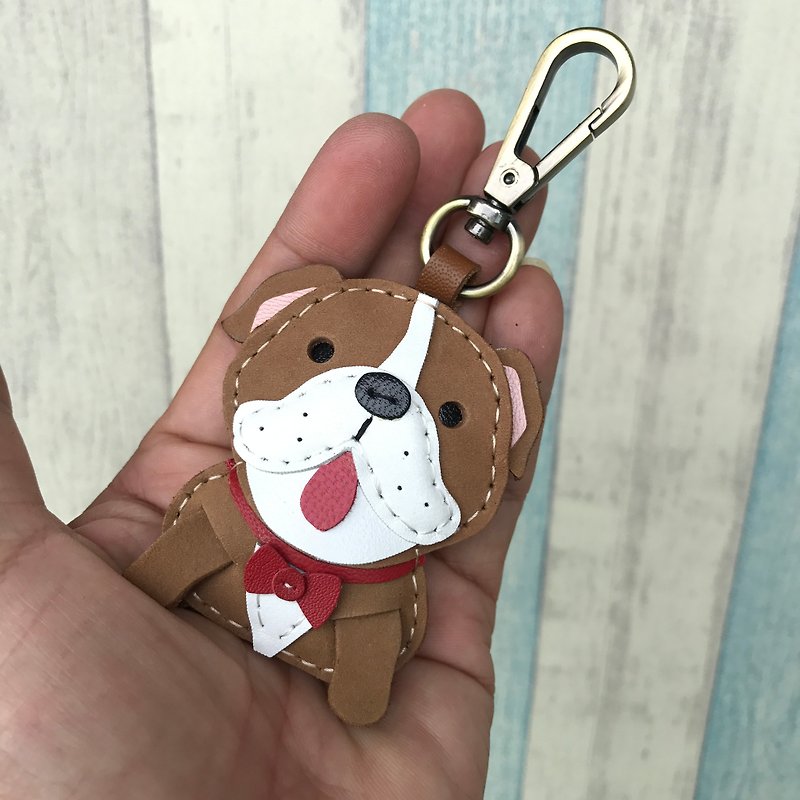 Healing small things handmade leather brown British bulldog hand-sewn keychain small size - Keychains - Genuine Leather Brown