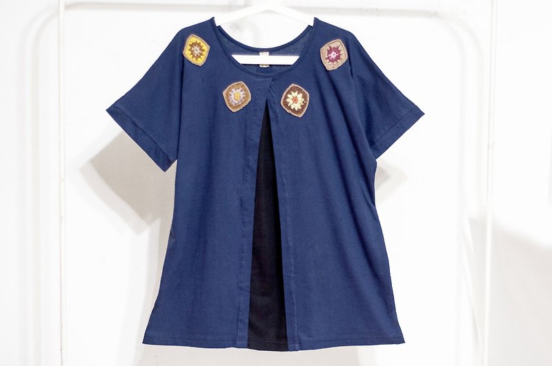かぎ針編みの上/不規則な半袖の上/手の刺繍入りTシャツ/エスニックトップス - 太平洋 - トップス - コットン・麻 ブルー
