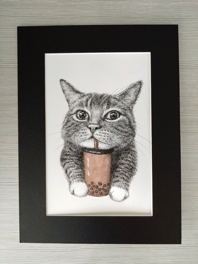 Hand-drawn pet portrait (adorable cat) with frame - ภาพวาดบุคคล - กระดาษ ขาว