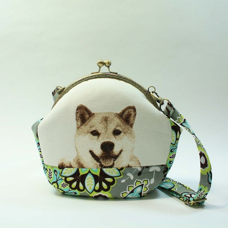 Embroidery 20cm U-shaped gold cross-body bag 04-Shiba Inu - Messenger Bags & Sling Bags - Cotton & Hemp Gray