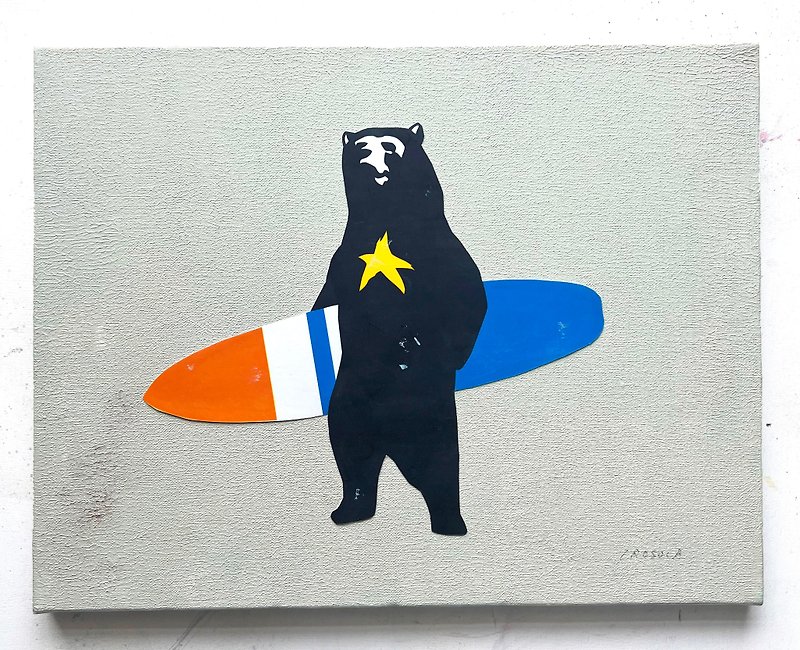 [IROSOCA] star bear surfer blue canvas painting F6 size original picture - โปสเตอร์ - วัสดุอื่นๆ สีดำ