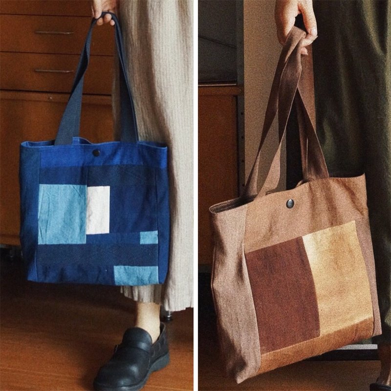 Plant indigo dyed handwoven fabric patchwork shoulder bag tote bag persimmon dyed yam dyed earth color plant dyed - กระเป๋าถือ - ผ้าฝ้าย/ผ้าลินิน สีน้ำเงิน