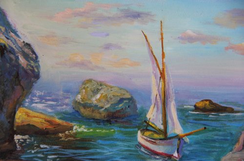 油彩画 風景画 海 ヨット 風景ヨット絵画オリジナル海洋アート崖岩風景アートワーク