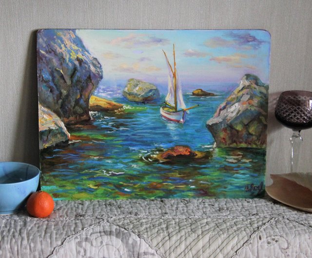 絵画 Cool Waters オリジナルの海景ヨットの絵画青い風景油絵インパストアート