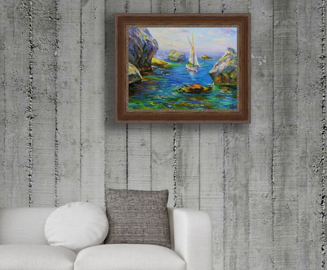 風景ヨット絵画オリジナル海洋アート崖岩風景アートワーク