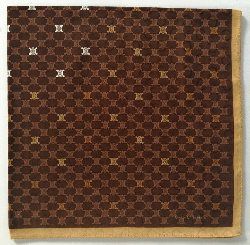 Celine Vintage Scarf Monogram Logo Pocket Square 23 x 23 inches - 絲巾 - 棉．麻 咖啡色