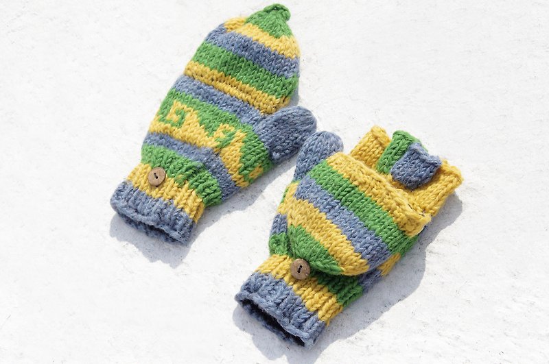 Christmas gift ideas gift exchange gift limited a hand-woven wool knit gloves / detachable gloves / bristle gloves / warm gloves (made in nepal) - blue and green Nordic Forest Nordic Fair Isle totem - Gloves & Mittens - Wool Multicolor