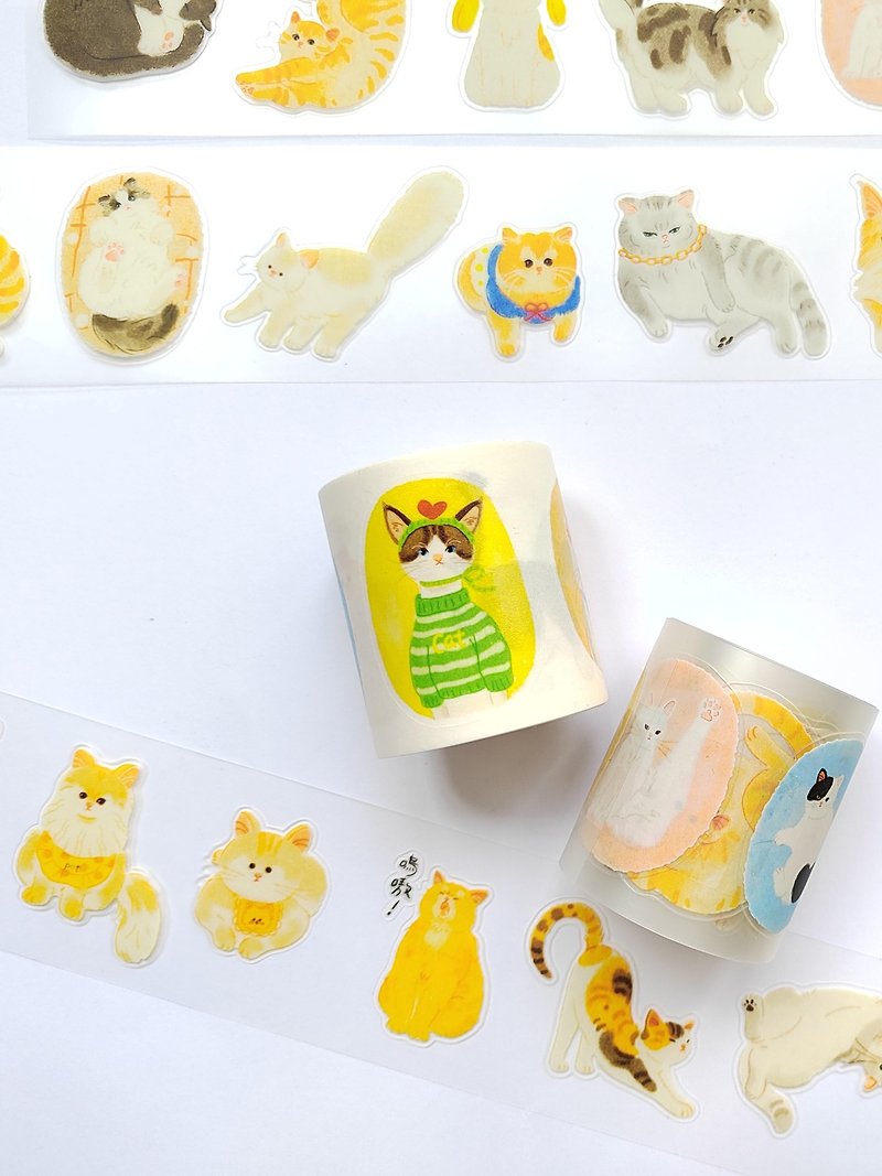 【Tape】Meow Meow PET Japanese paper tape cutting notebook with 5-meter roll - Washi Tape - Paper Multicolor