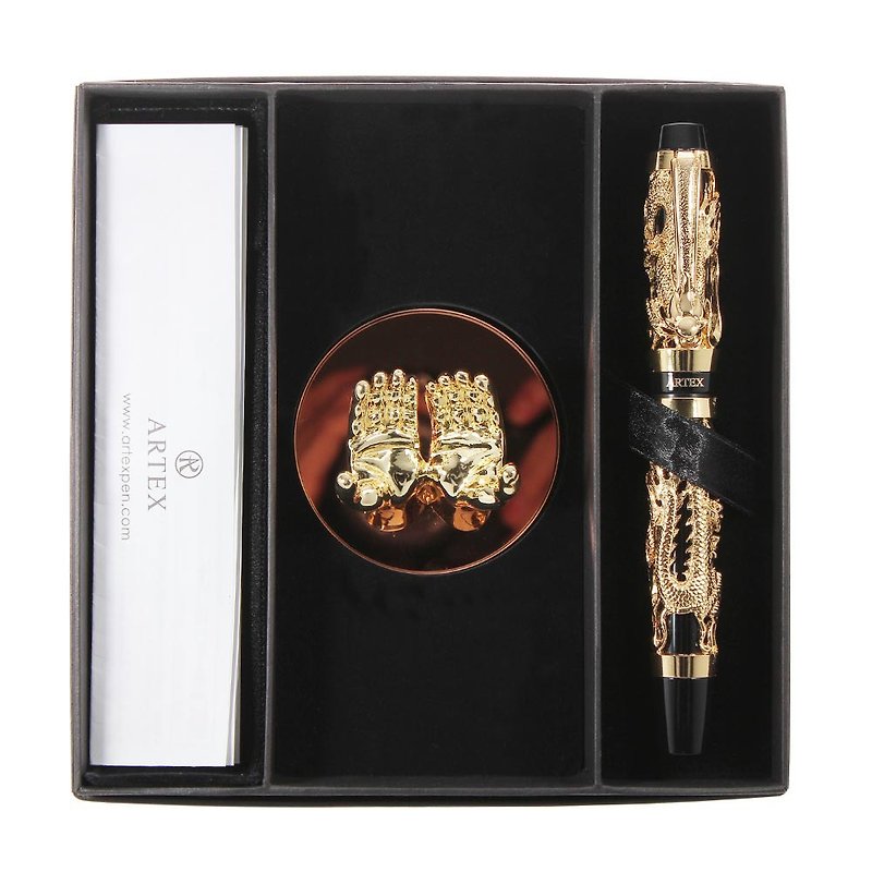 ARTEX Seal Bright Gold Dragon Pen + Gold Hands Pen Stylus Gift Box - Fountain Pens - Copper & Brass Gold