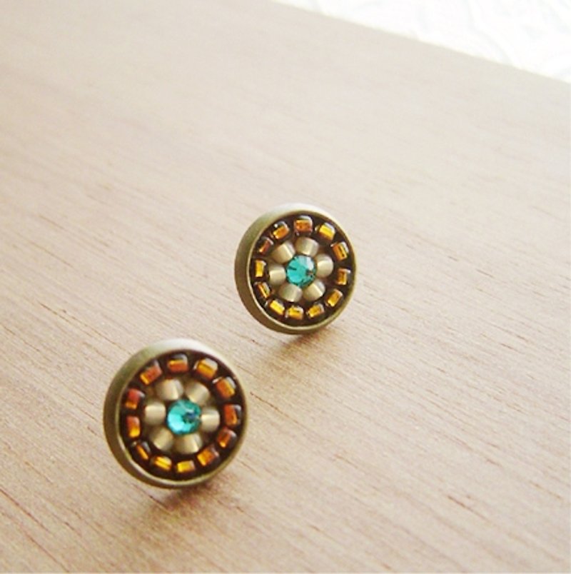 Deco tiles Earrings brilliant brown majolica mosaic vintage beads - Earrings & Clip-ons - Other Metals Brown