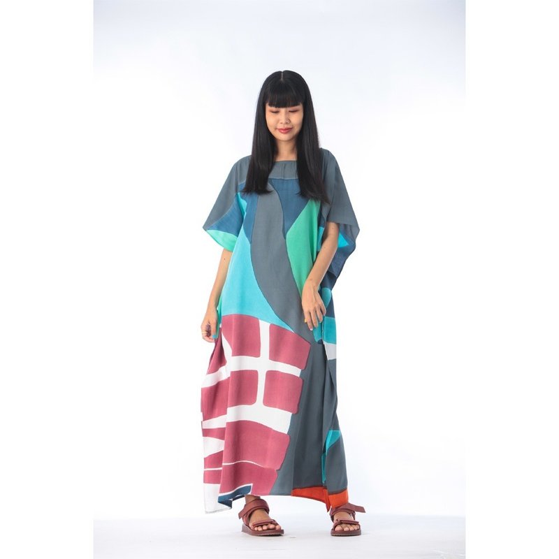 Hand Painted Cotton Silk Kaftan for Summer Resort Vacation F - 洋裝/連身裙 - 棉．麻 藍色
