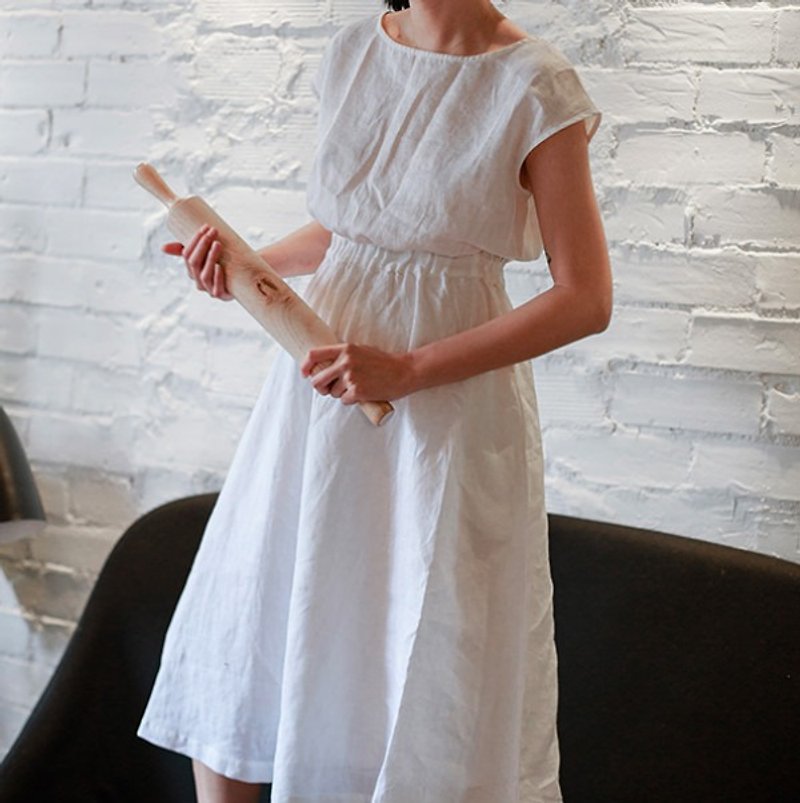 白色 法式複古100%全亞麻洋裝 抽繩可調節連衣裙 箱型顯瘦遮肚腩 | 番塔塔原創獨立設計女裝 - 洋裝/連身裙 - 棉．麻 白色