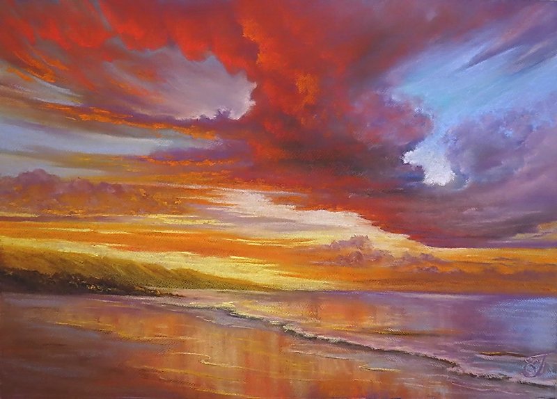 Original Painting Pastel Sunset Handmade Drawing Art Sky Hand painted - Posters - Paper Red