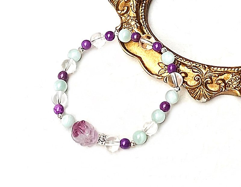 Lucky fortune series-green sea Stone x white crystal x purple mica x gradient Stone dragon turtle 925 sterling silver bracelet