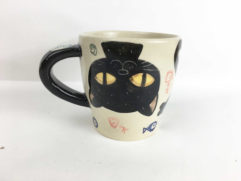 Nice Little Clay round fat ear cup full black cat 0113-11 - Mugs - Pottery White
