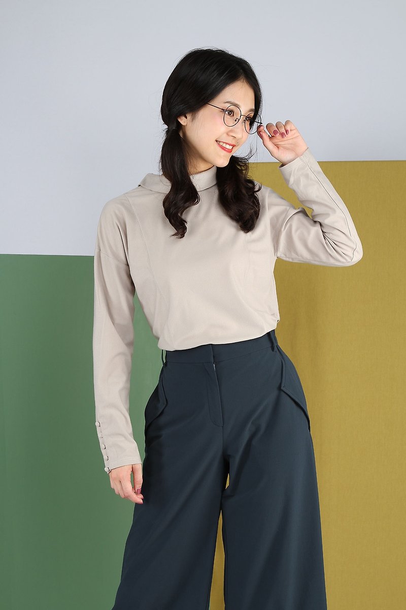 Cuff Buttoned Lapel Top- Khaki - Women's Tops - Polyester Khaki