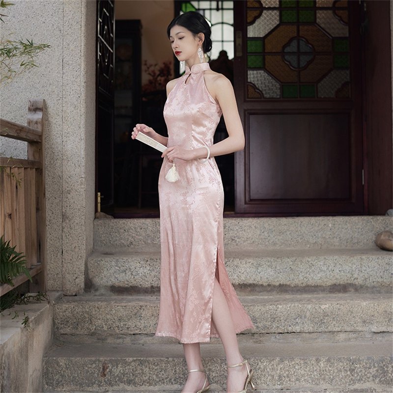 Pink sleeveless new Chinese style improved cheongsam spring and summer drop collar girl dress halter neck dress - กี่เพ้า - เส้นใยสังเคราะห์ สึชมพู