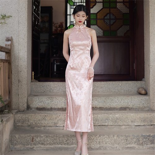 Pink sleeveless new Chinese style improved cheongsam spring Pink sleeveless new Chinese style improved cheongsam spring