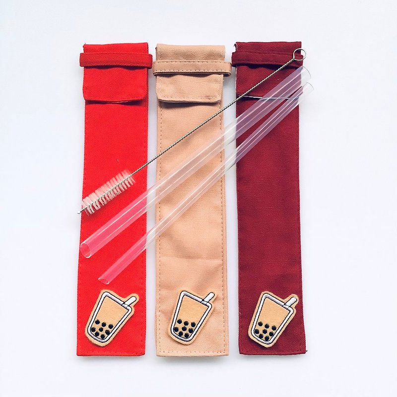 [Meggie Straw x 21.5cm] Red Pink Storage Bag + Double Size Three-piece Set - Reusable Straws - Other Materials Pink