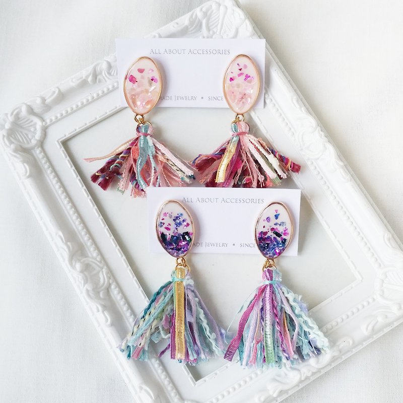 Symphony tassels series - Symphony crushed Stone tassel earrings / Clip-On - Earrings & Clip-ons - Other Materials Multicolor