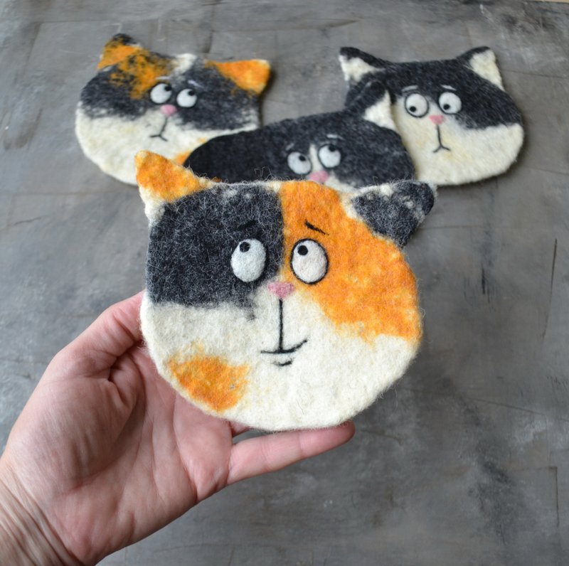 フェルトウールの面白い猫のコースター 手作りのカスタム ドリンク コースター セット - コースター - ウール 多色
