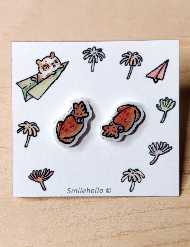 耳針/耳夾/耳環 手工製作 小魷魚(一對) - 耳環/耳夾/耳骨夾 - 其他材質 多色